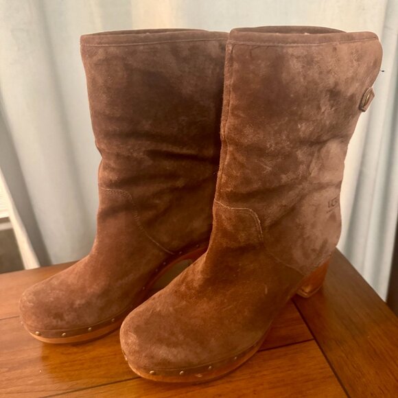 🤎 UGG Lynnea Ankle Boots – Brown Suede Shearling Stud Wood Clog | Women’s 8 🤎 - Picture 4 of 11